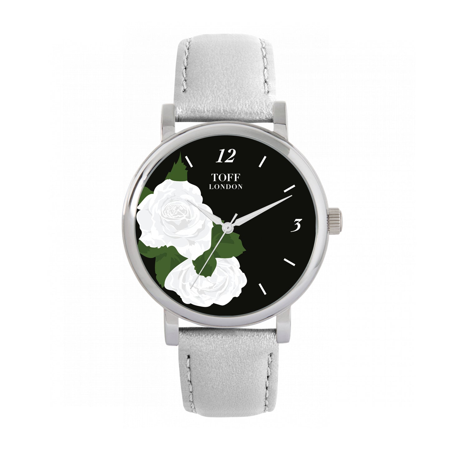 Toff London 38mm White Roses Watch - Silver Case & Grey Leather Strap