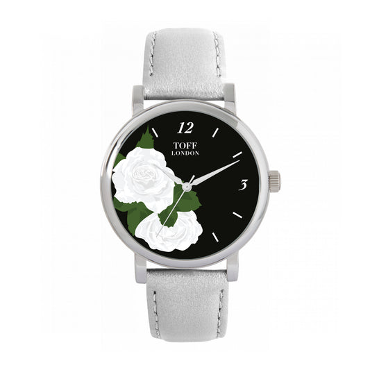 Toff London 38mm White Roses Watch - Silver Case & Grey Leather Strap