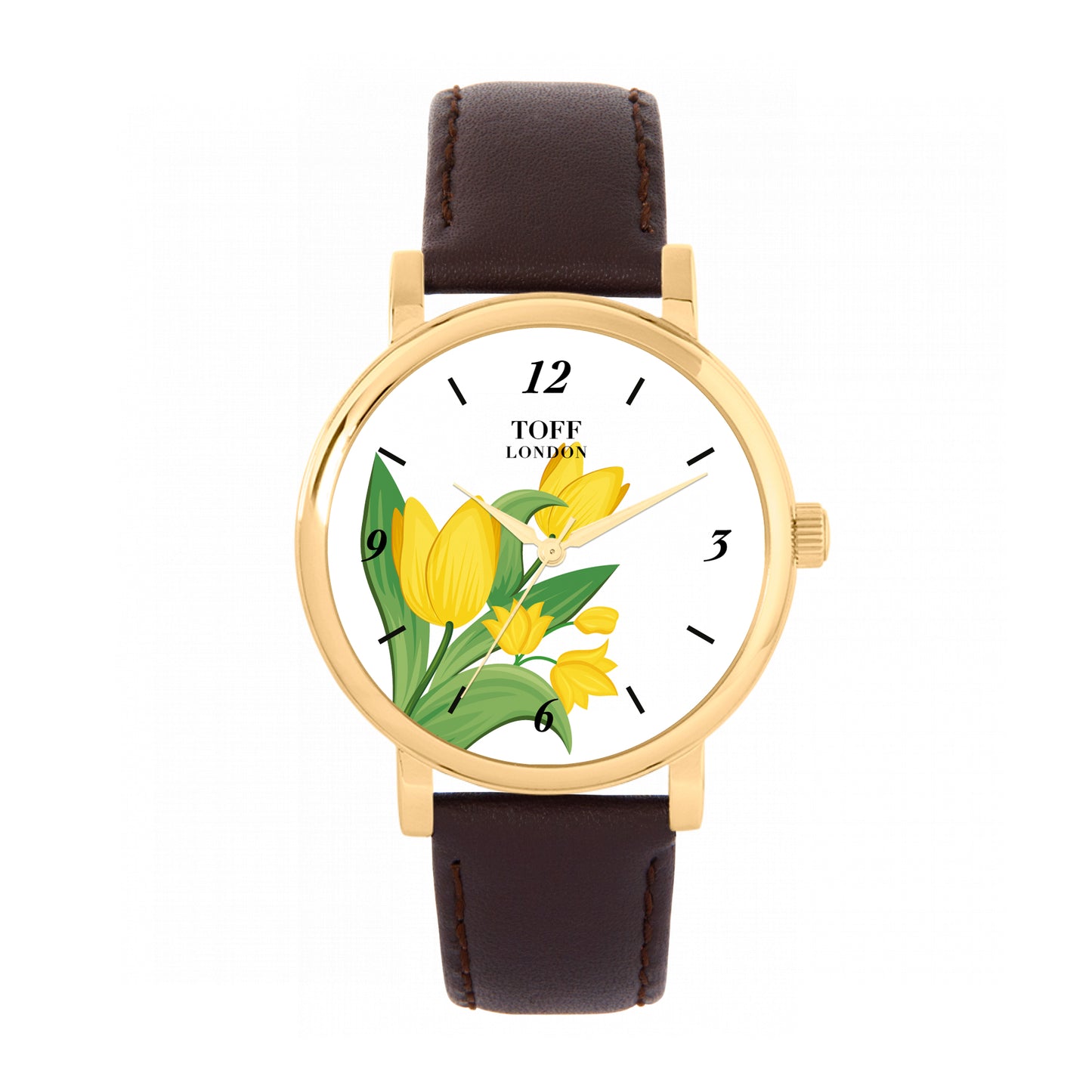 Toff London 38mm Yellow Tulips Watch - Gold Case & Brown Leather Strap