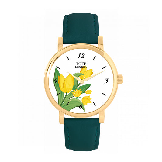 Toff London 38mm Yellow Tulips Watch - Gold Case & Green Leather Strap