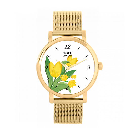 Toff London 38mm Yellow Tulips Watch - Gold Case & Stainless Steel Strap