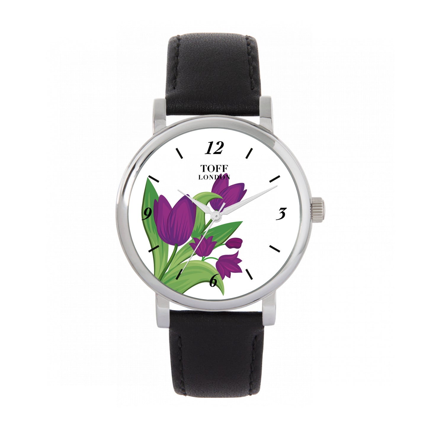 Toff London 38mm Purple Tulips Watch - Silver Case & Black Leather Strap