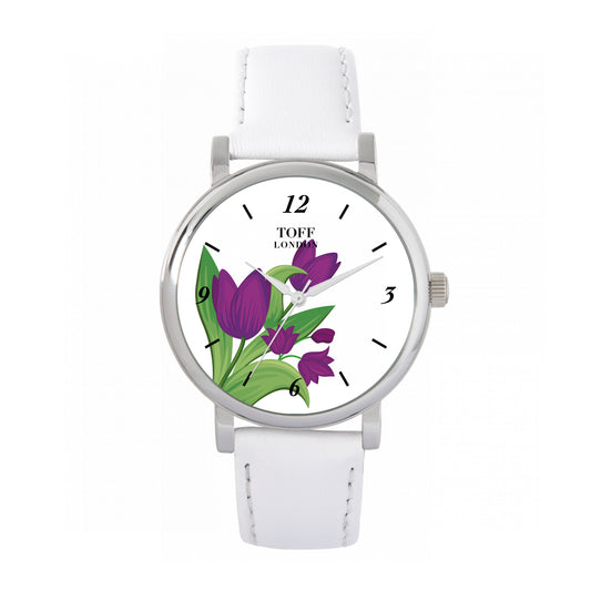Toff London 38mm Purple Tulips Watch - Silver Case & White Leather Strap