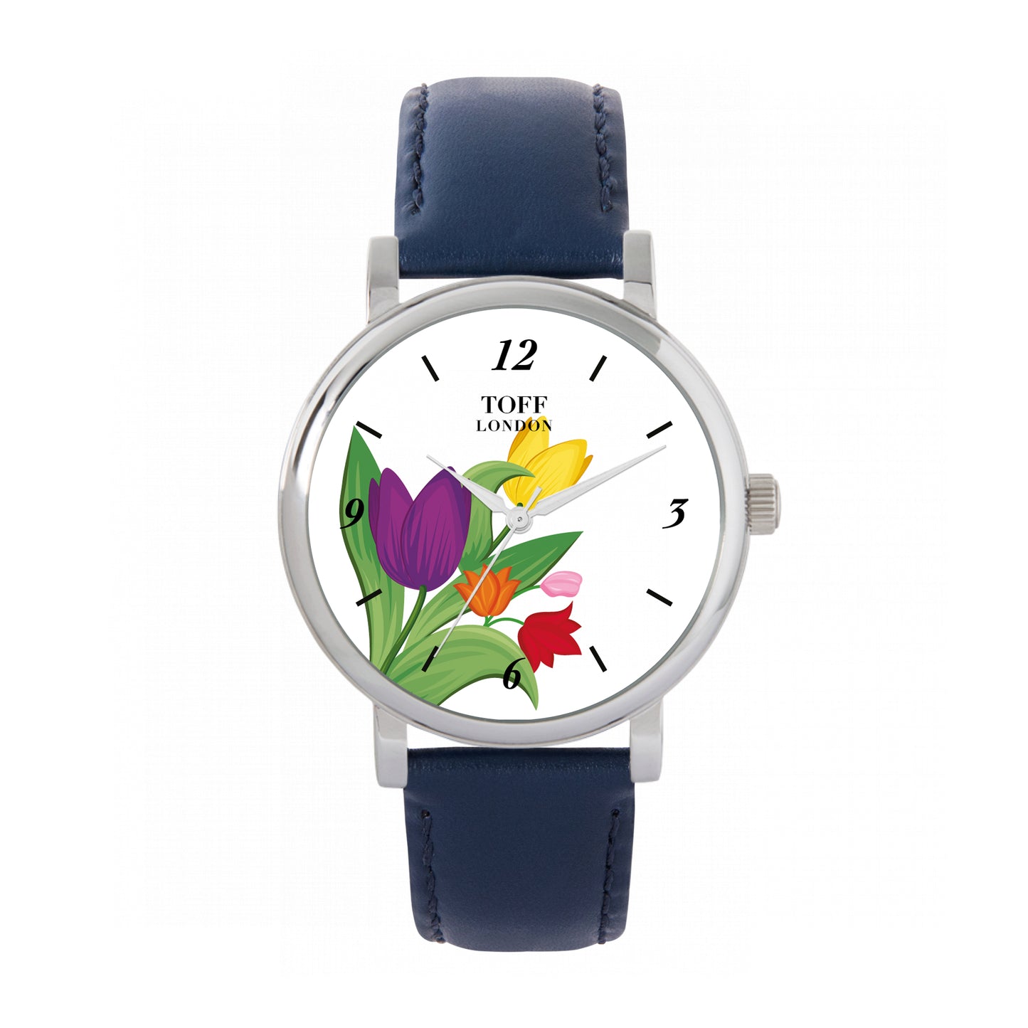 Toff London 38mm Multi Coloured Tulips Watch - Silver Case & Blue Leather Strap
