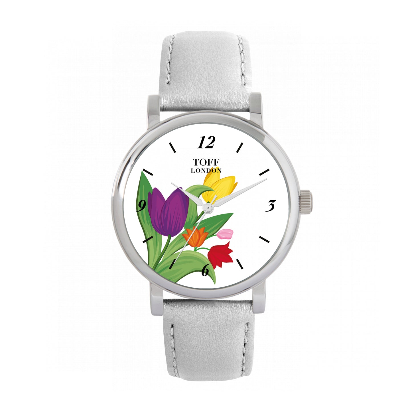 Toff London 38mm Multi Coloured Tulips Watch - Silver Case & Grey Leather Strap