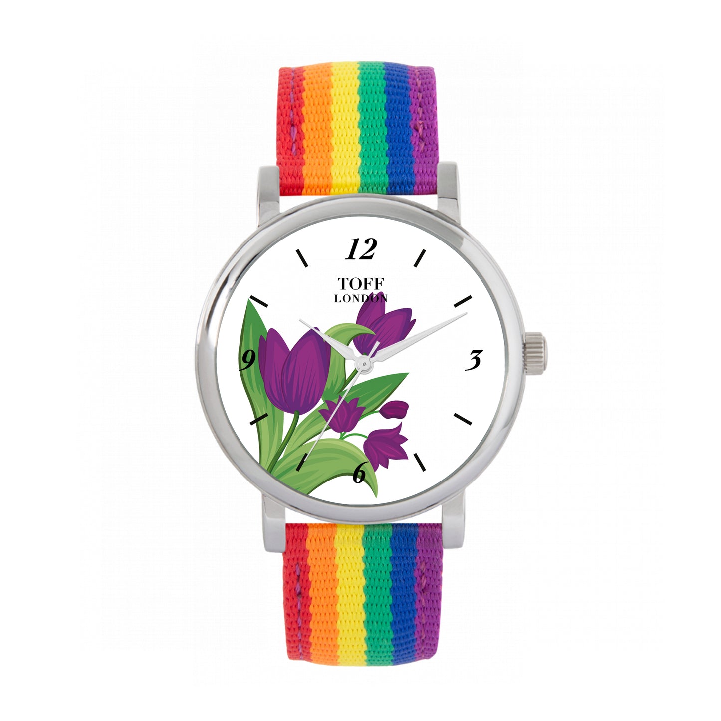 Toff London 38mm Purple Tulips Watch - Silver Case & Rainbow Nylon Strap