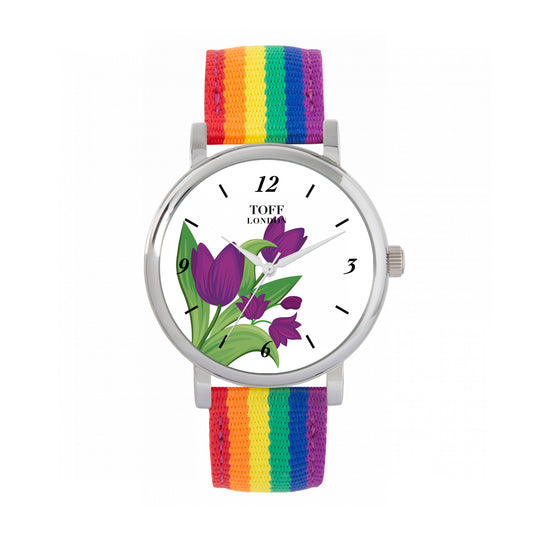 Toff London 38mm Purple Tulips Watch - Silver Case & Rainbow Nylon Strap