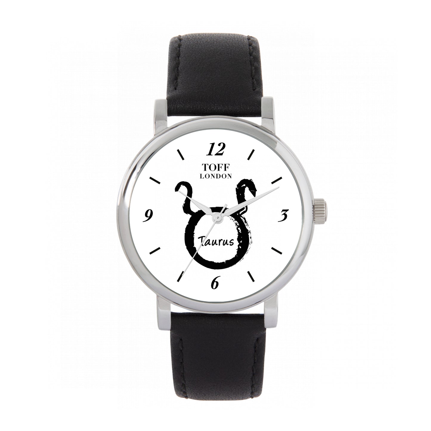 Toff London 38mm Taurus Watch - Silver Case & Black Leather Strap