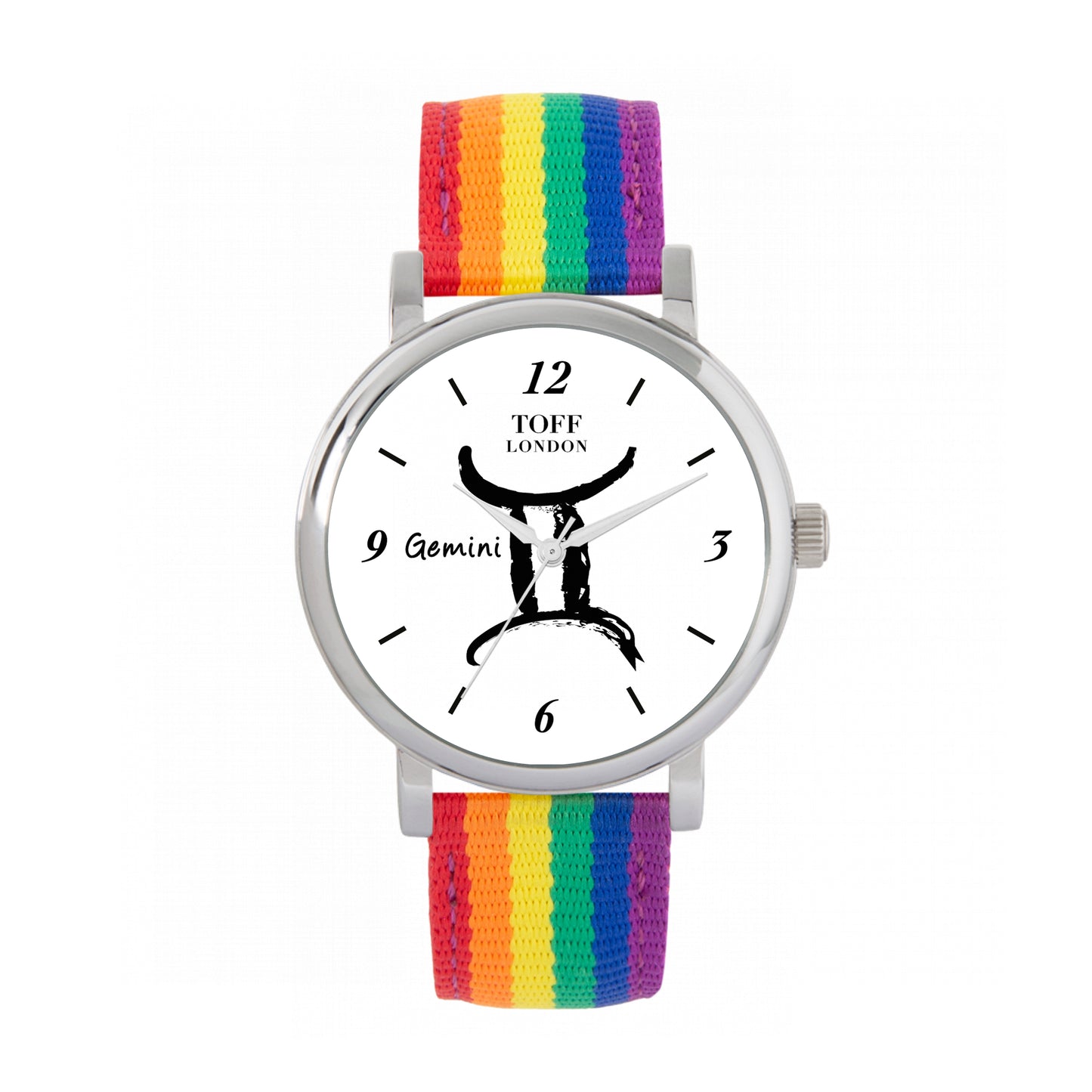 Toff London 38mm Gemini Watch - Silver Case & Rainbow Nylon Strap