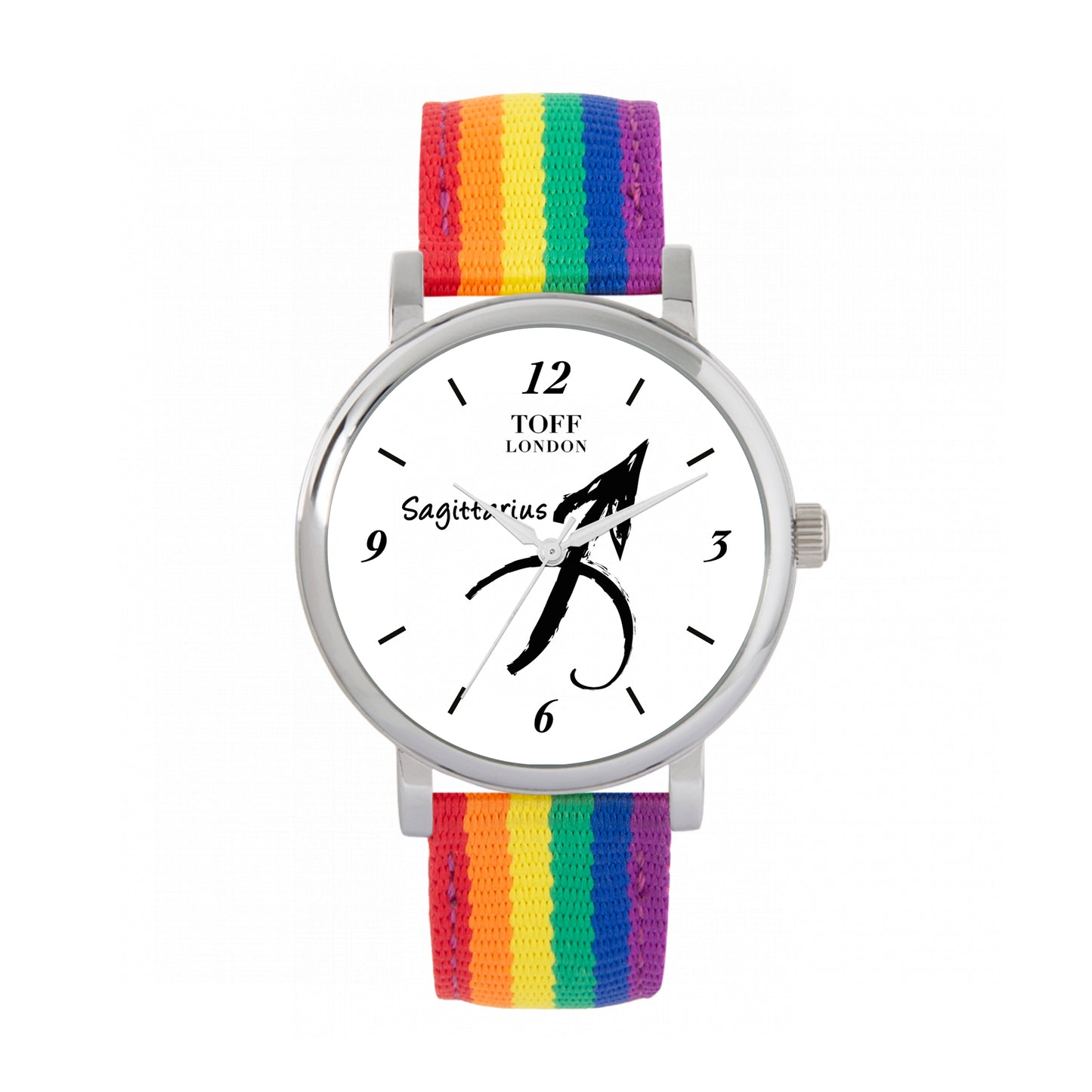 Toff London 38mm Sagittarius Watch - Silver Case & Rainbow Nylon Strap