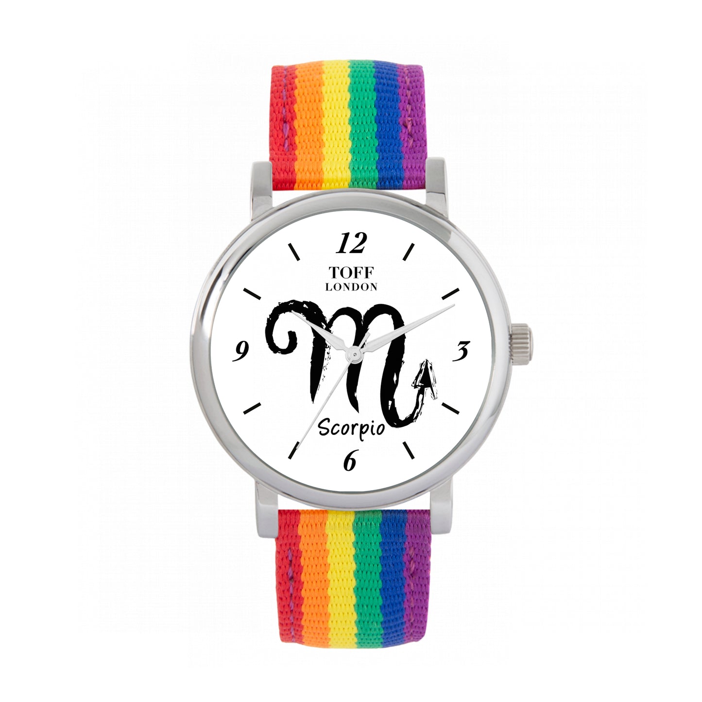 Toff London 38mm Scorpio Watch - Silver Case & Rainbow Nylon Strap