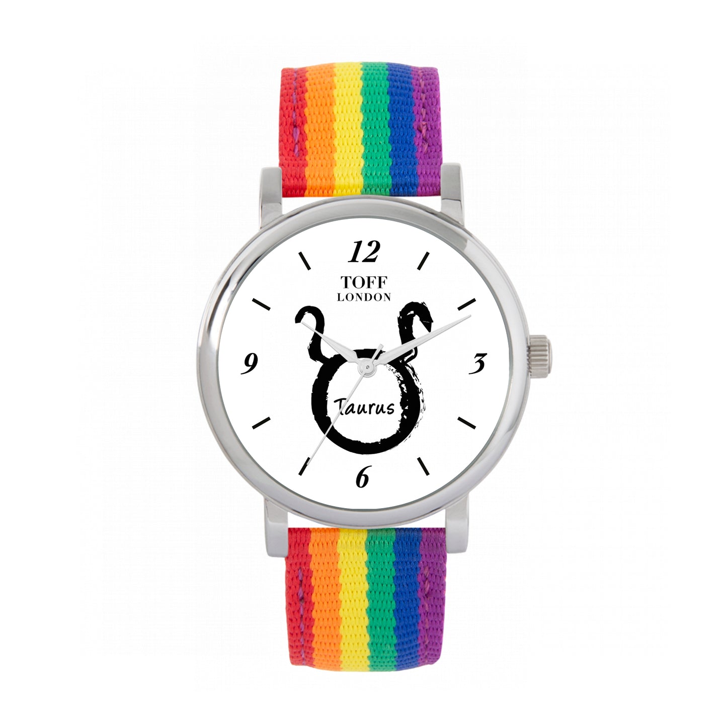 Toff London 38mm Taurus Watch - Silver Case & Rainbow Nylon Strap