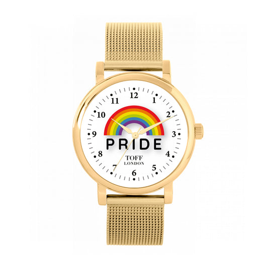 Toff London 38mm Pride Rainbow White Watch - Gold Case & Stainless Steel Strap