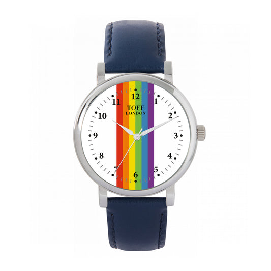 Toff London 38mm Pride Linear White Watch - Silver Case & Blue Leather Strap