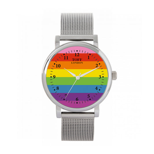 Toff London 38mm Pride Original Rainbow Pride Flag Watch - Silver Case & Stainless Steel Strap