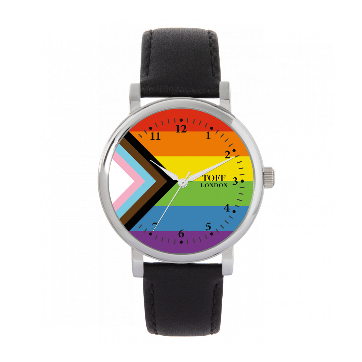 Toff London 38mm Pride Progress Flag Watch - Silver Case & Black Leather Strap