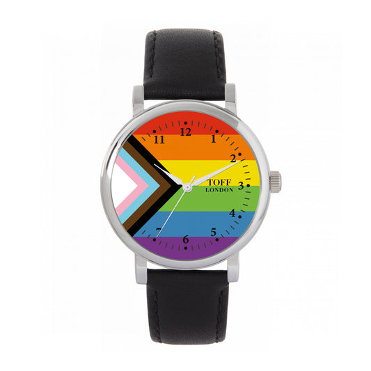 Toff London 38mm Pride Progress Flag Watch - Silver Case & Black Leather Strap