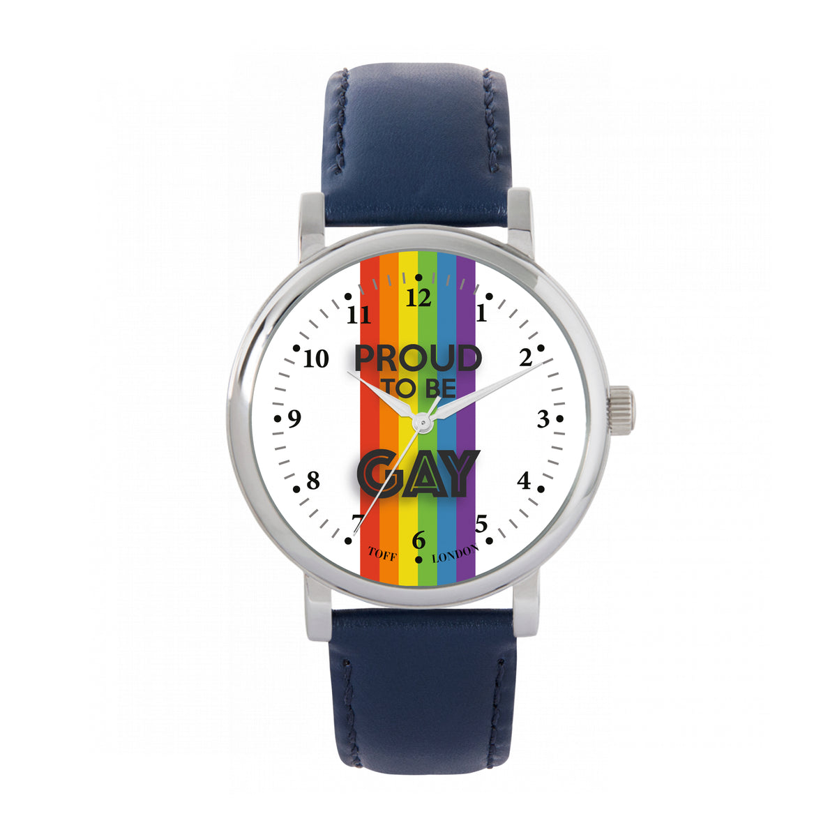 Toff London 38mm Pride Rainbow Linear Proud Watch - Silver Case & Blue Leather Strap