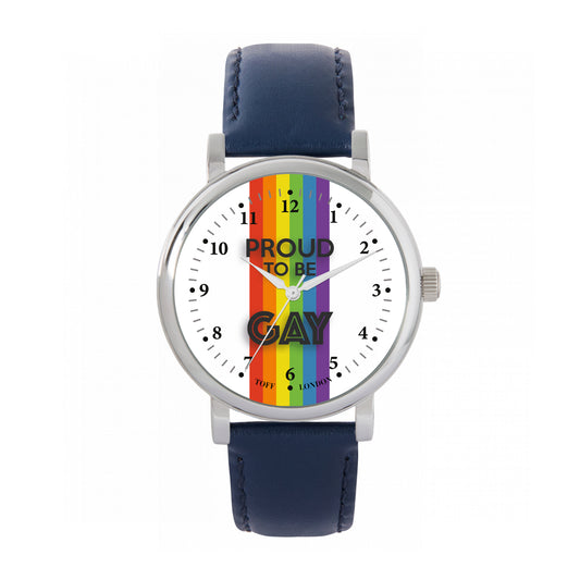 Toff London 38mm Pride Rainbow Linear Proud Watch - Silver Case & Blue Leather Strap