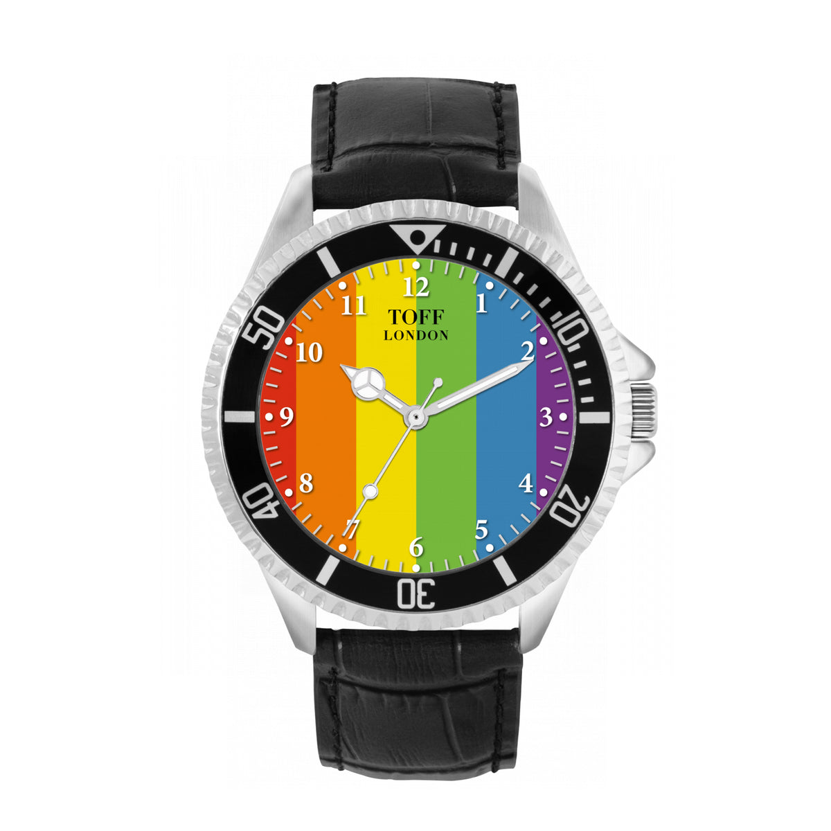 Toff London 42mm Pride Vertical Batons Watch - Silver Case & Black Leather Strap