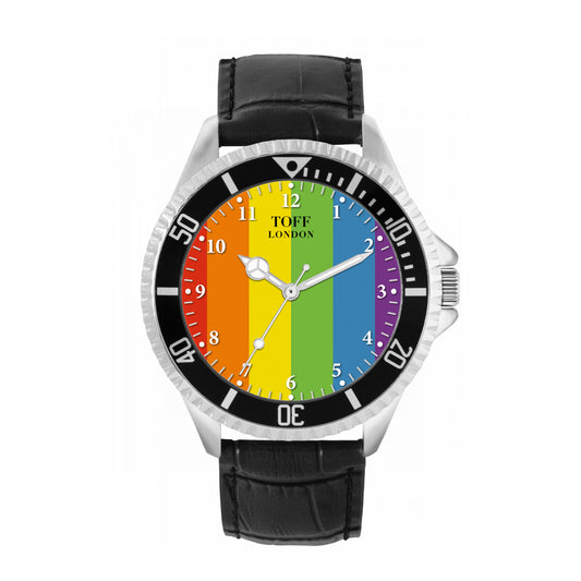 Toff London 42mm Pride Vertical Batons Watch - Silver Case & Black Leather Strap