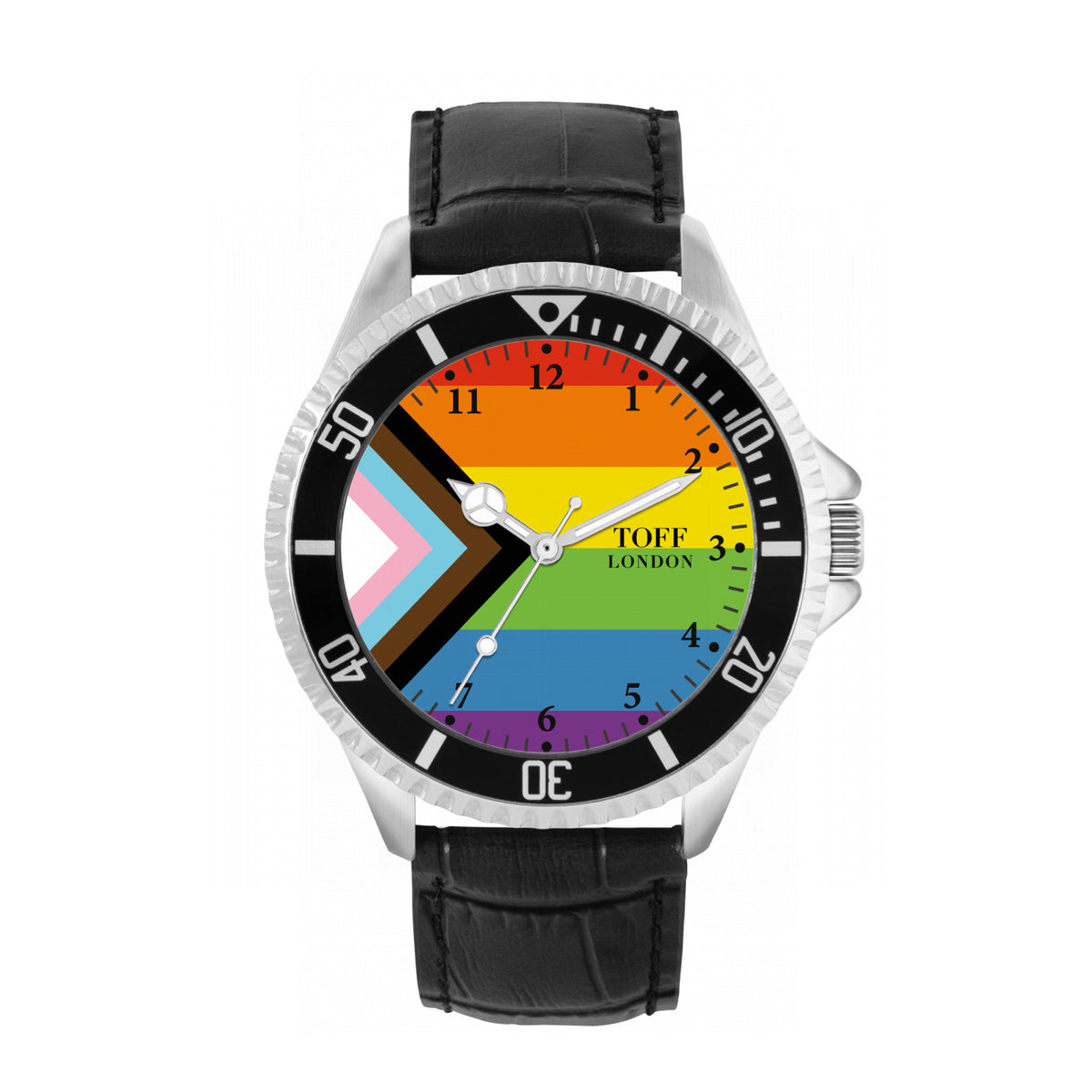 Toff London 42mm Pride Progress Flag Watch - Silver Case & Black Leather Strap