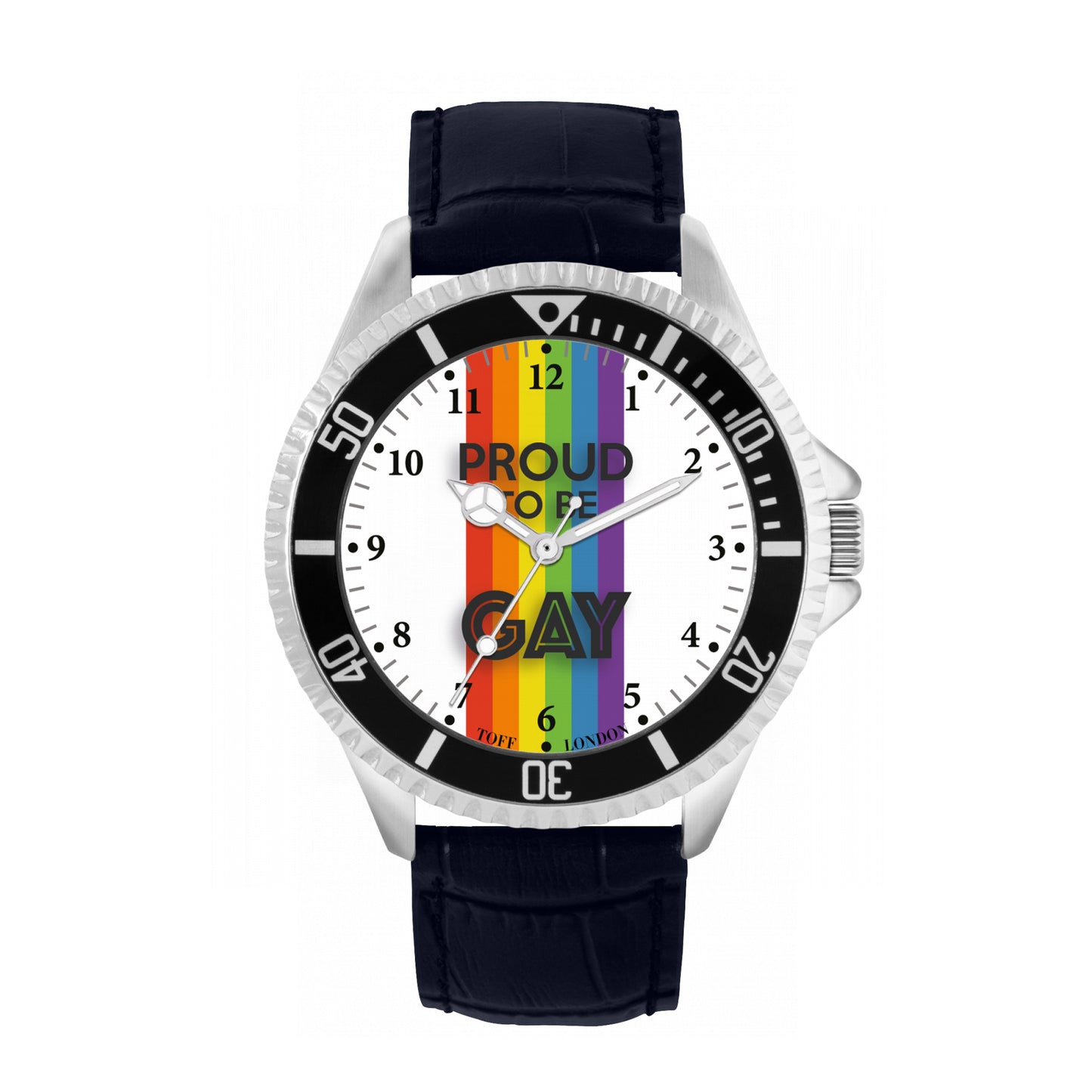 Toff London 42mm Pride Rainbow Linear Proud Watch - Silver Case & Blue Leather Strap