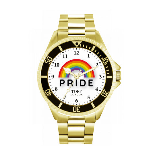 Toff London 42mm Pride Rainbow White Watch - Gold Case & Stainless Steel Strap
