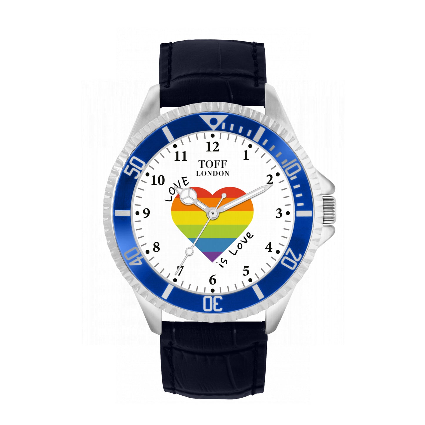 Toff London 42mm Pride Heart Watch - Silver Case & Blue Leather Strap