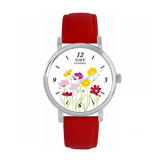 Toff London 38mm Cosmos Watch - Silver Case & Red Leather Strap