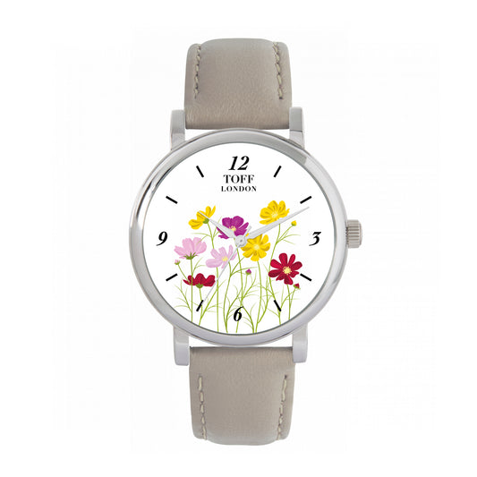 Toff London 38mm Cosmos Watch - Silver Case & Beige Leather Strap