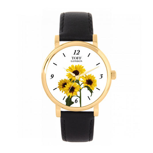 Toff London 38mm Bunch Of Sunflowers Watch - Gold Case & Black Leather Strap