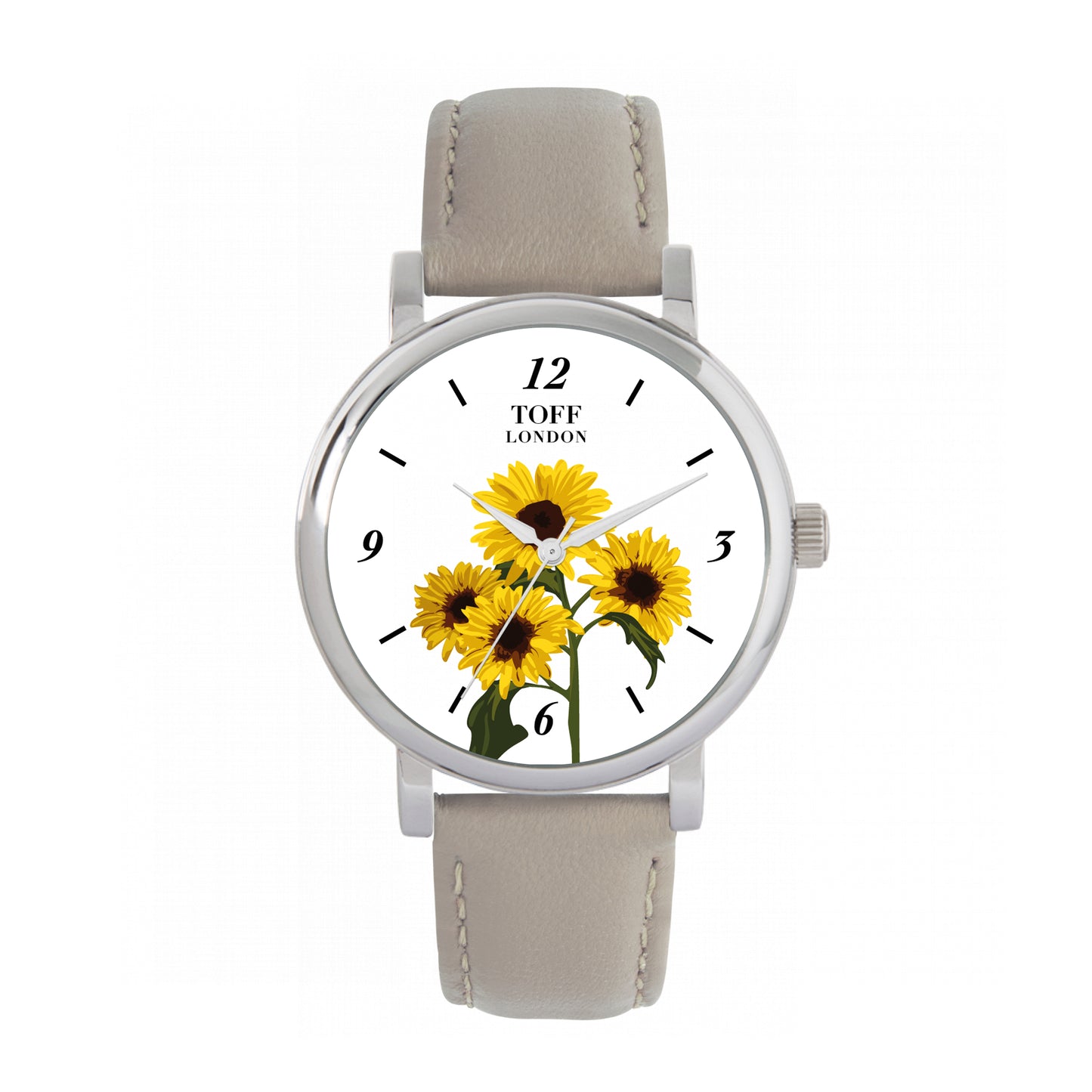 Toff London 38mm Bunch Of Sunflowers Watch - Silver Case & Beige Leather Strap