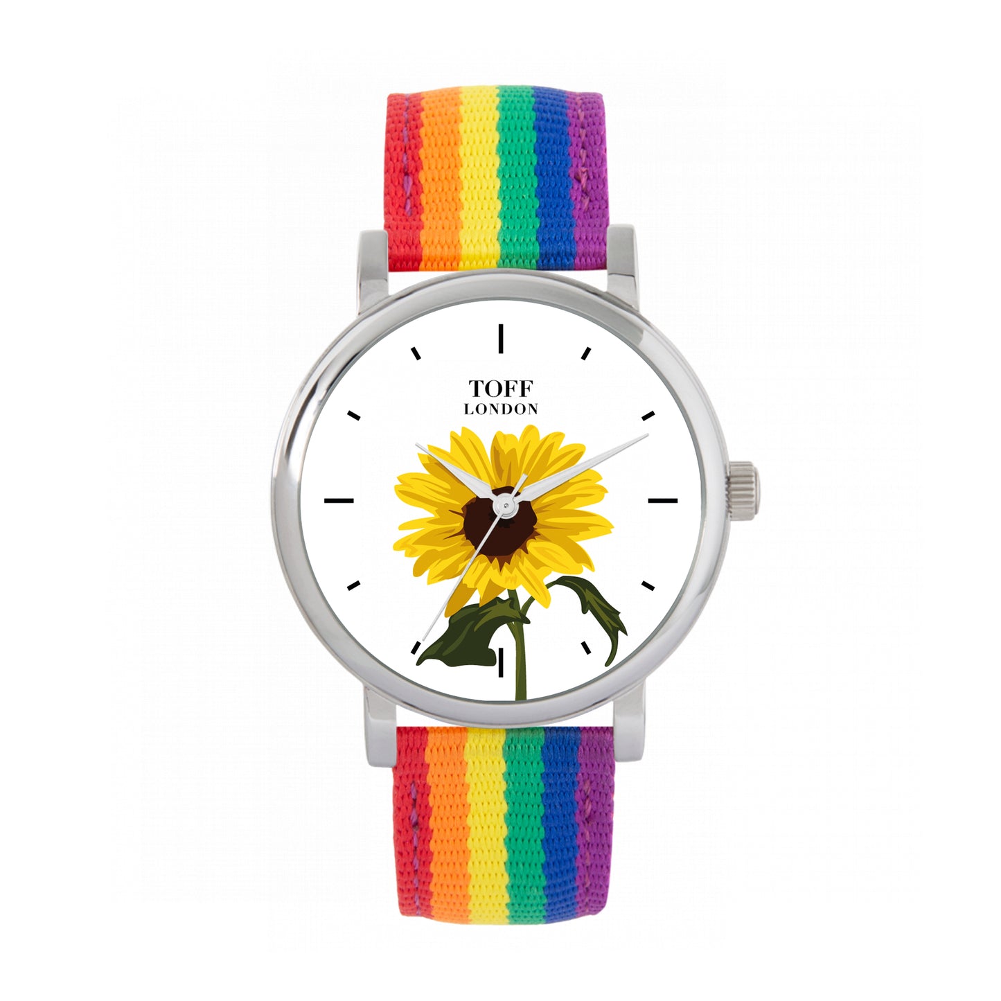 Toff London 38mm Single Sunflower Watch - Silver Case & Rainbow Nylon Strap