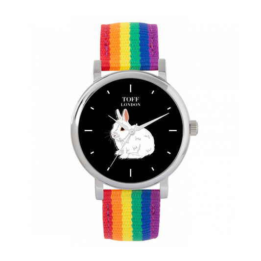 Toff London 38mm White Rabbit Watch - Silver Case & Rainbow Nylon Strap