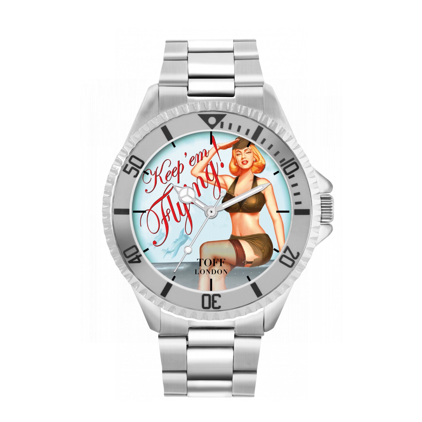Toff London 42mm Keep'Em Flying Watch - Silver Case & Stainless Steel Strap