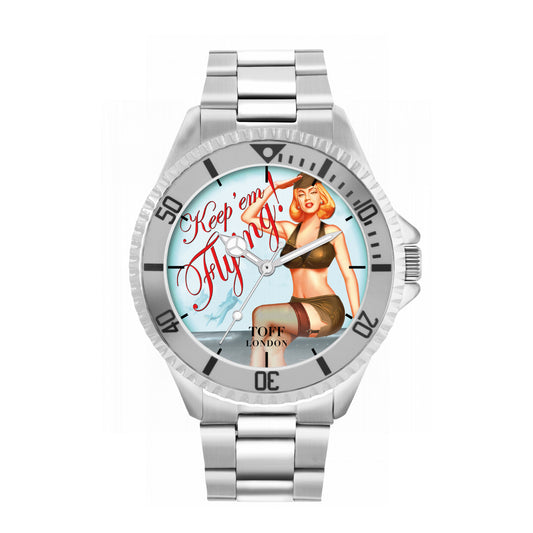 Toff London 42mm Keep'Em Flying Watch - Silver Case & Stainless Steel Strap