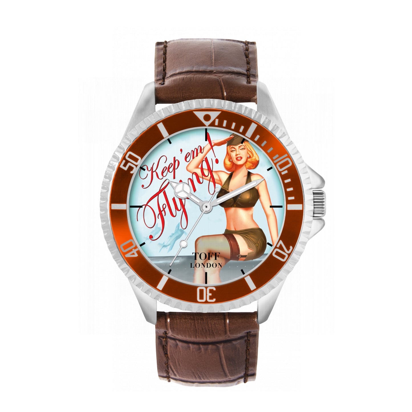 Toff London 42mm Keep'Em Flying Watch - Silver Case & Brown Leather Strap
