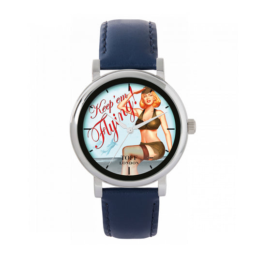 Toff London 38mm Keep'Em Flying Watch - Silver Case & Blue Leather Strap