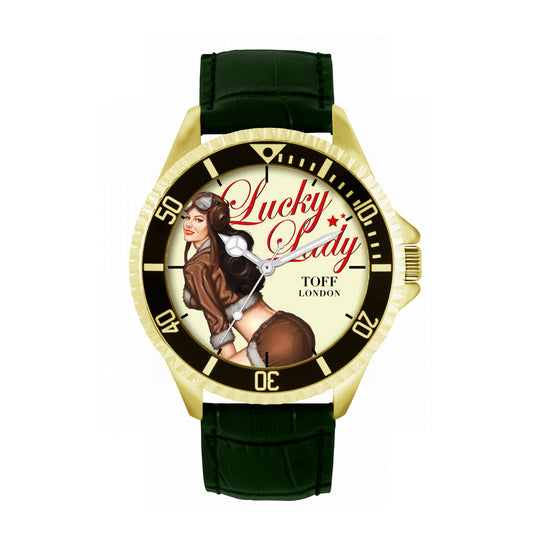 Toff London 42mm Lucky Lady Watch - Gold Case & Black Leather Strap