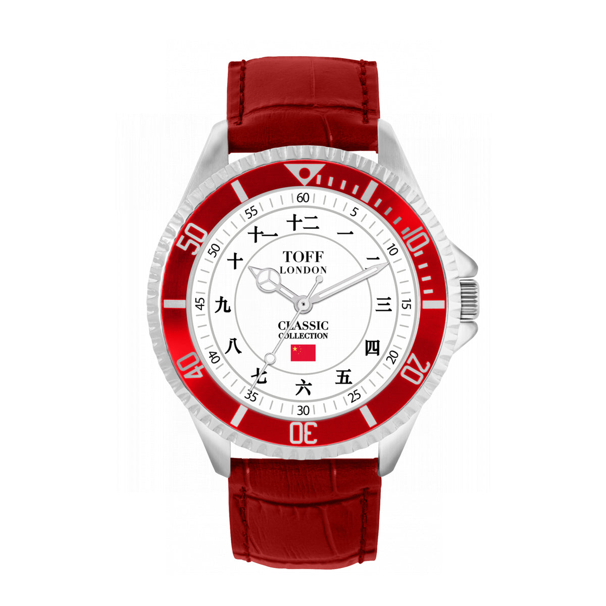 Toff London 42mm Chinese Numerals Watch - Silver Case & Red Leather Strap