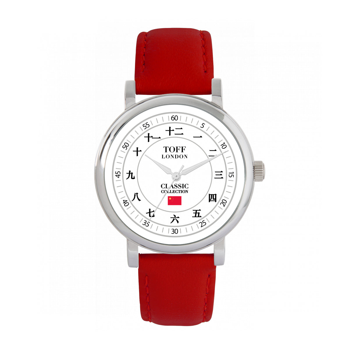 Toff London 38mm Chinese Numerals Watch - Silver Case & Red Leather Strap
