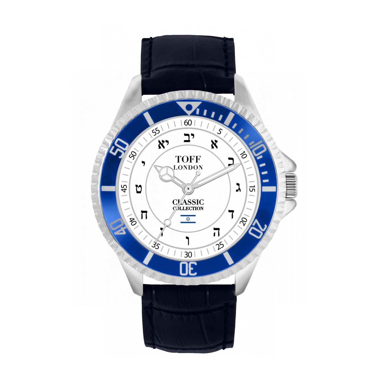 Toff London 42mm Hebrew Numerals Watch - Silver Case & Blue Leather Strap