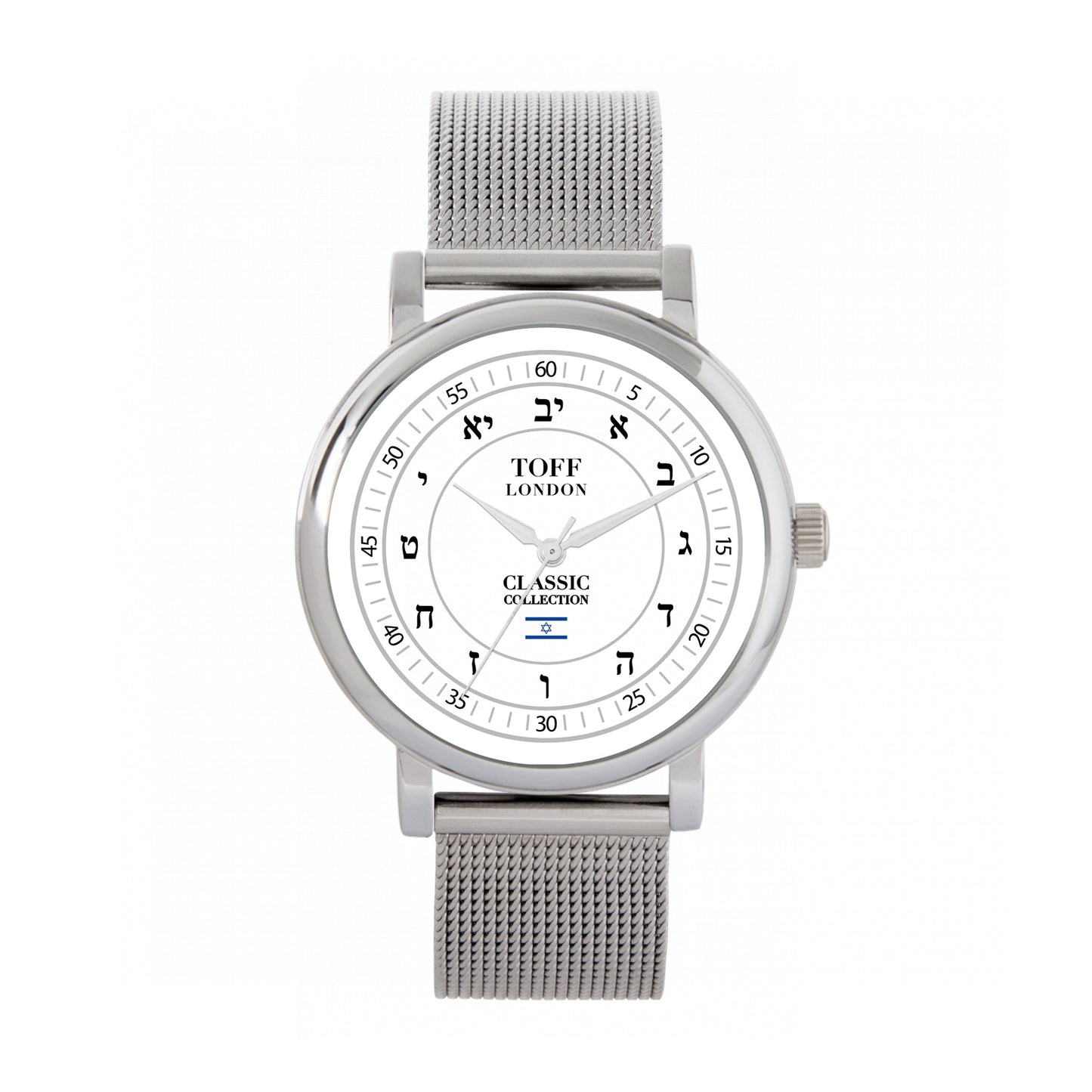 Toff London 38mm Hebrew Numerals Watch - Silver Case & Stainless Steel Strap