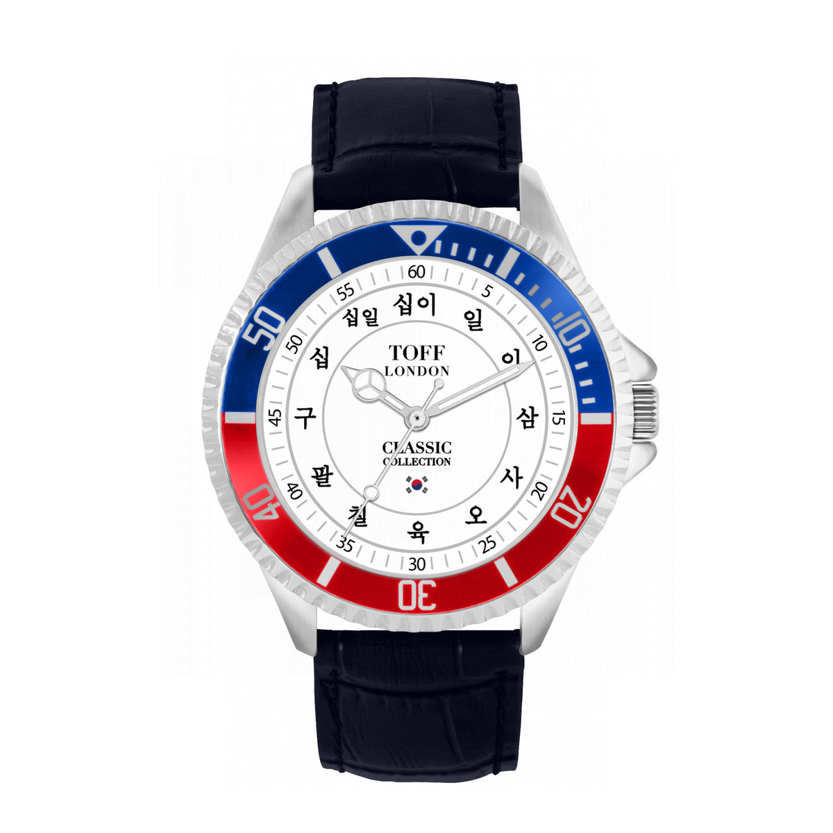 Toff London 42mm Korean Numerals Watch - Silver Case & Blue Leather Strap