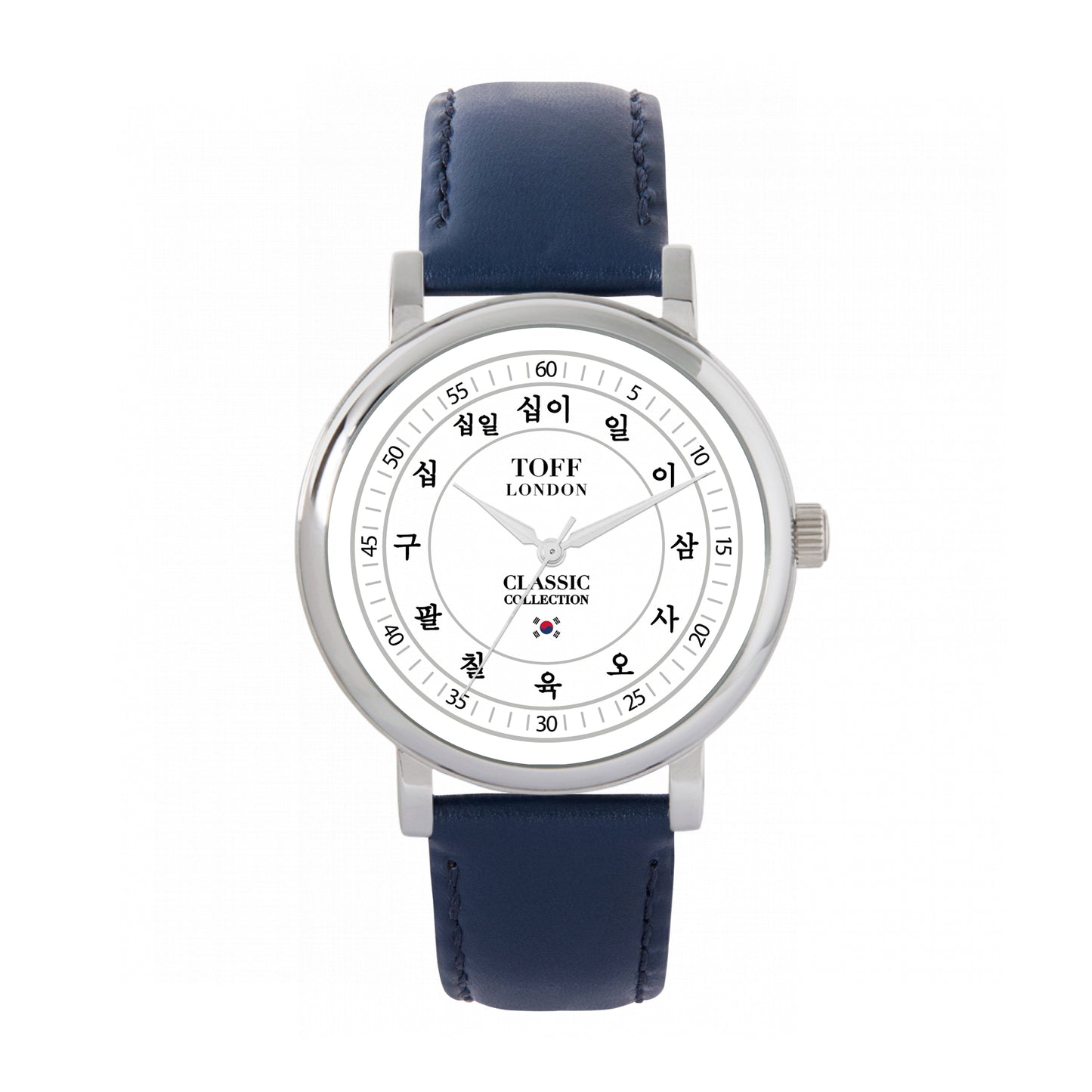 Toff London 38mm Korean Numerals Watch - Silver Case & Blue Leather Strap