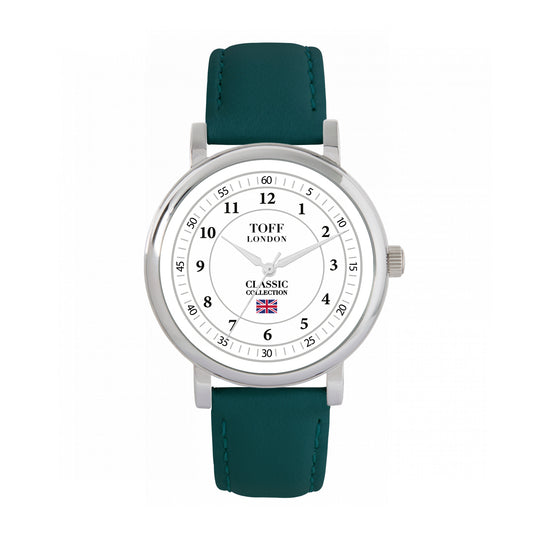 Toff London 38mm Numbers Watch - Silver Case & Green Leather Strap