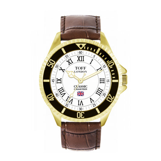 Toff London 42mm Roman Numerals Watch - Gold Case & Brown Leather Strap