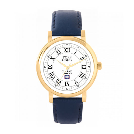 Toff London 38mm Roman Numerals Watch - Gold Case & Blue Leather Strap
