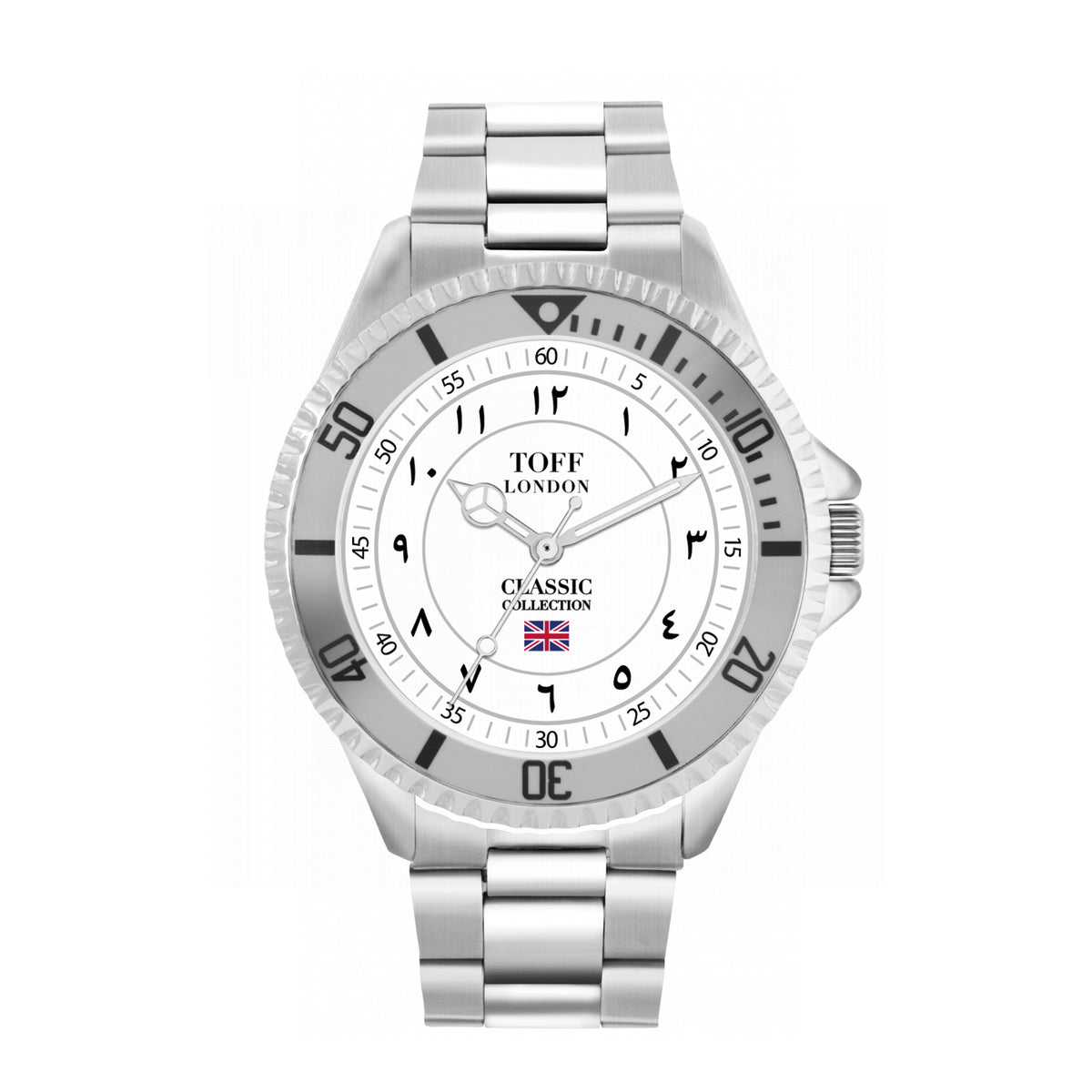 Toff London 42mm Arabic Numbers Watch - Silver Case & Stainless Steel Strap